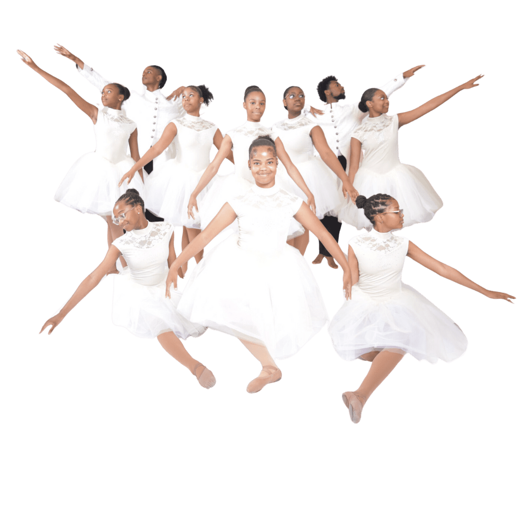 Young dancers in elegant white dresses showcase their talent in a synchronized performance